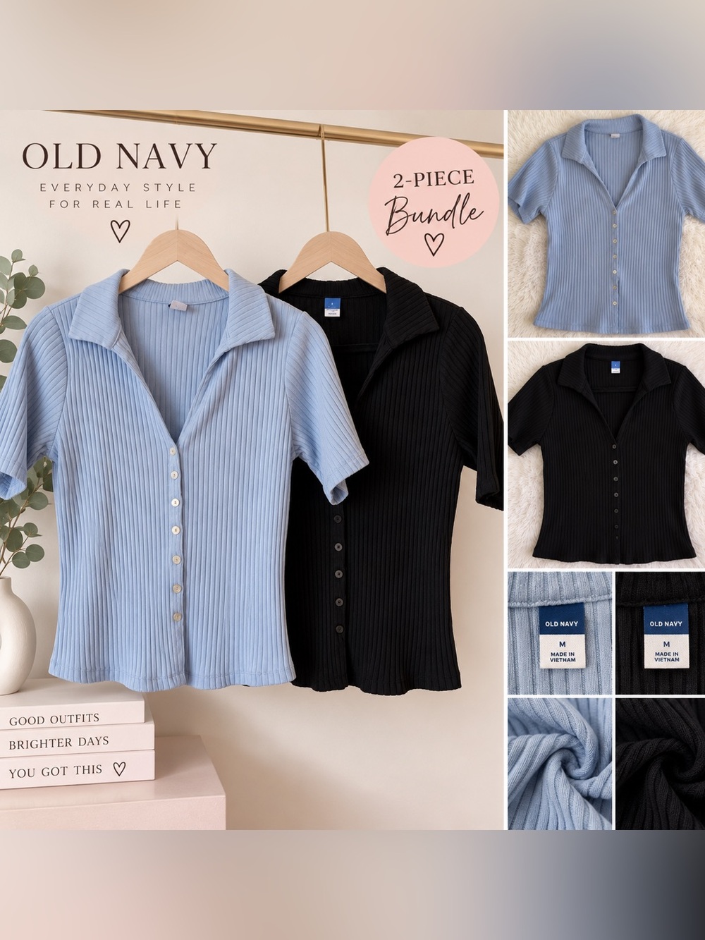 Old Navy Ribbed Button Down Tops Black & Blue 2-Piece Bundle